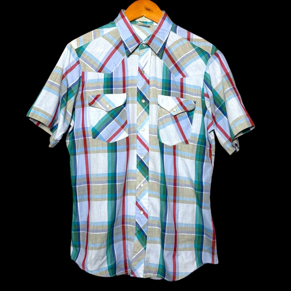 VTG Lee Western Shirt Size Large Plaid Short Sleeve Pearl Snap Cowboy Rodeo